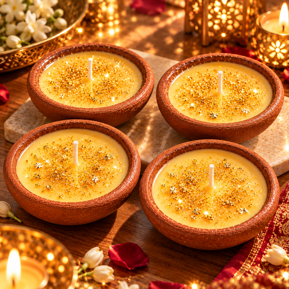 Sandalwood Scented Terracotta Jar Candles - 100% Soy Wax (Set of 4)